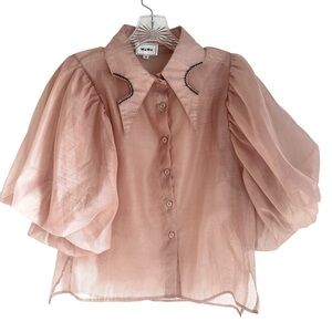 Wowo Sheer Retro Style Pinkish Beige Short Puff Sleeve Blouse Rhinestone Details